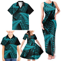 New Zealand Rugby Pacific Personalised Family Matching Tank Maxi Dress and Hawaiian Shirt All Turquoise Maori Pasifika Fern Pattern