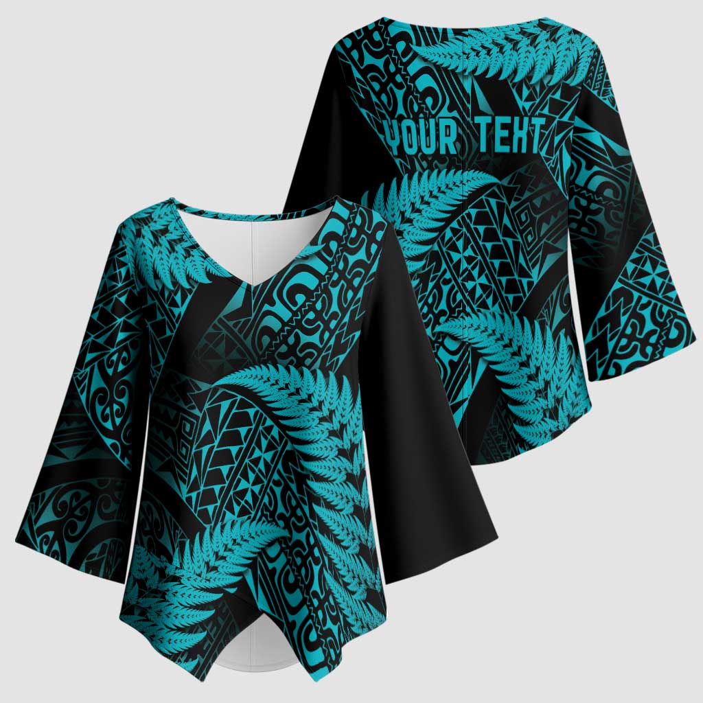 New Zealand Rugby Pacific Personalised Kimono Sleeve Blouse All Turquoise Maori Pasifika Fern Pattern - Polynesian Pride