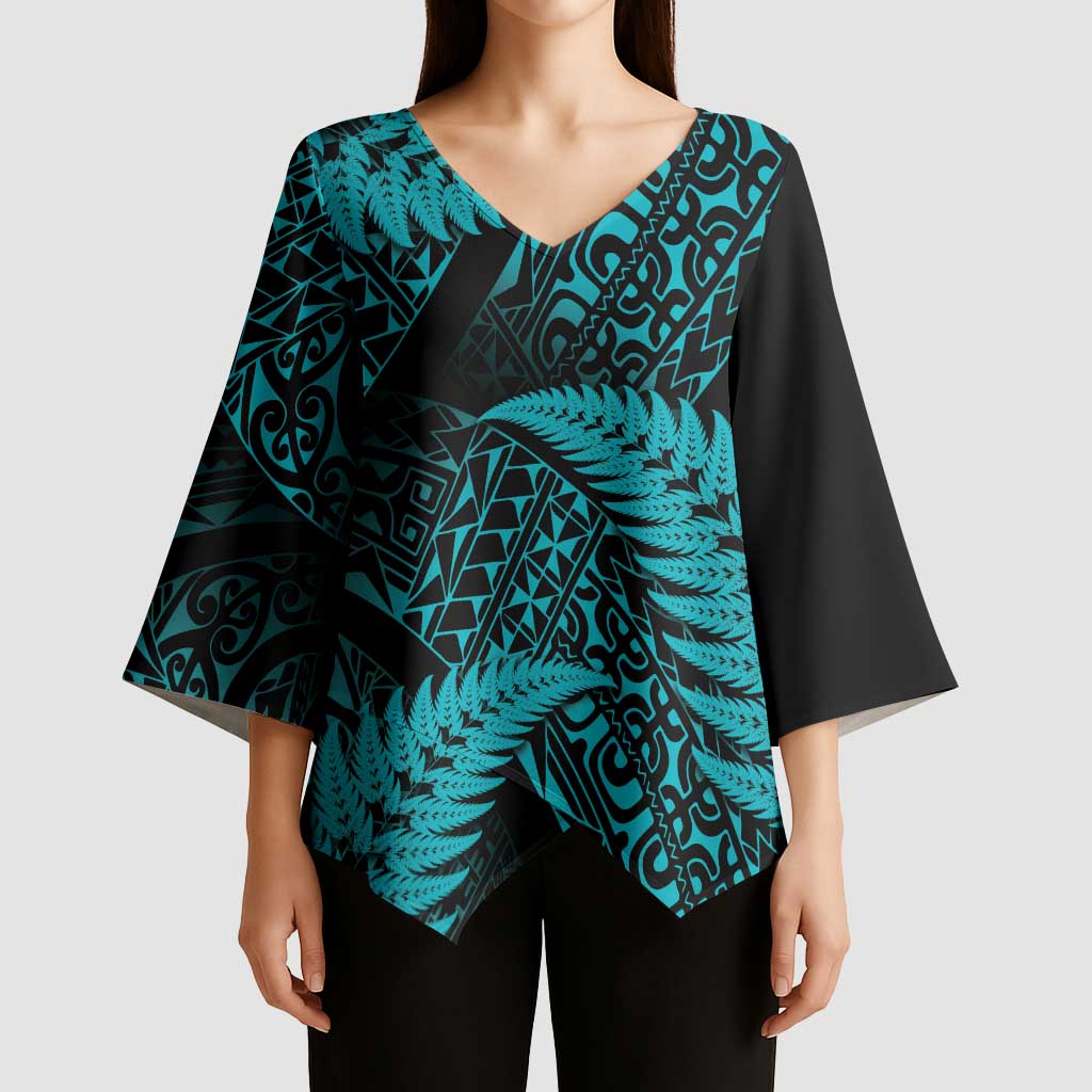 New Zealand Rugby Pacific Personalised Kimono Sleeve Blouse All Turquoise Maori Pasifika Fern Pattern - Polynesian Pride