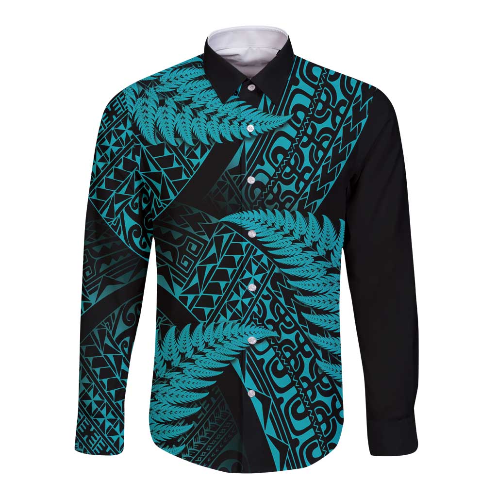 New Zealand Rugby Pacific Personalised Long Sleeve Button Shirt All Turquoise Maori Pasifika Fern Pattern