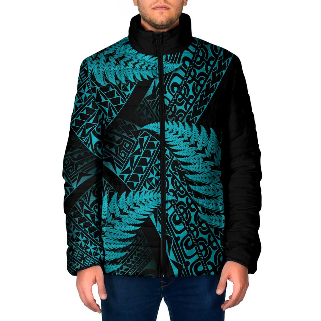 New Zealand Rugby Pacific Personalised Padded Jacket All Turquoise Maori Pasifika Fern Pattern - Polynesian Pride