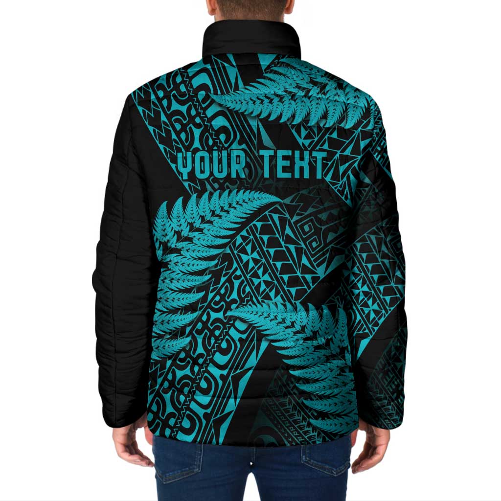 New Zealand Rugby Pacific Personalised Padded Jacket All Turquoise Maori Pasifika Fern Pattern - Polynesian Pride
