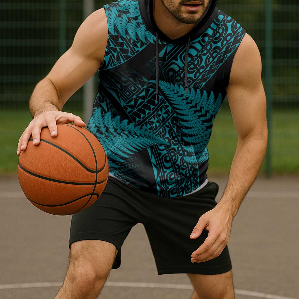 New Zealand Rugby Pacific Personalised Sleeveless Hoodie All Turquoise Maori Pasifika Fern Pattern - Polynesian Pride