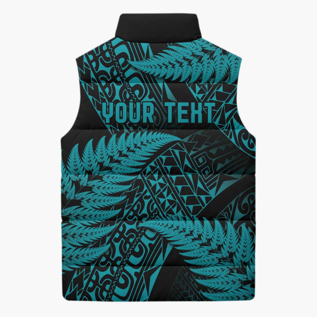 New Zealand Rugby Pacific Personalised Sleeveless Puffer Jacket All Turquoise Maori Pasifika Fern Pattern - Polynesian Pride