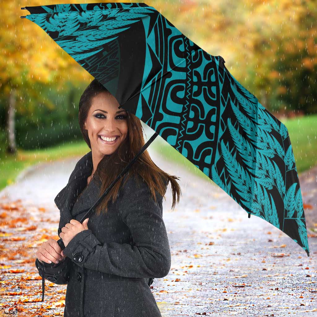 New Zealand Rugby Pacific Personalised Umbrella All Turquoise Maori Pasifika Fern Pattern - Polynesian Pride