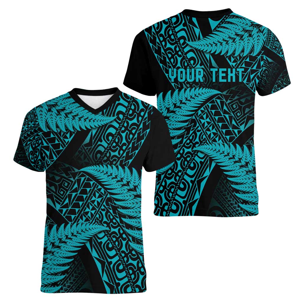 New Zealand Rugby Pacific Personalised Women V-Neck T-Shirt All Turquoise Maori Pasifika Fern Pattern