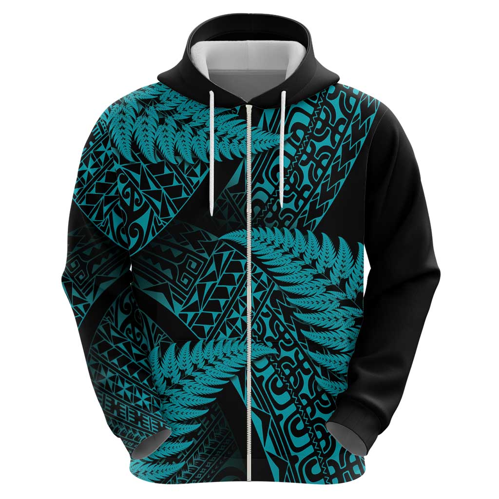 New Zealand Rugby Pacific Personalised Zip Hoodie All Turquoise Maori Pasifika Fern Pattern