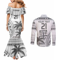 Custom Fiji Rugby Couples Matching Mermaid Dress and Long Sleeve Button Shirt Polynesian Fijian Masi Palm Tree
