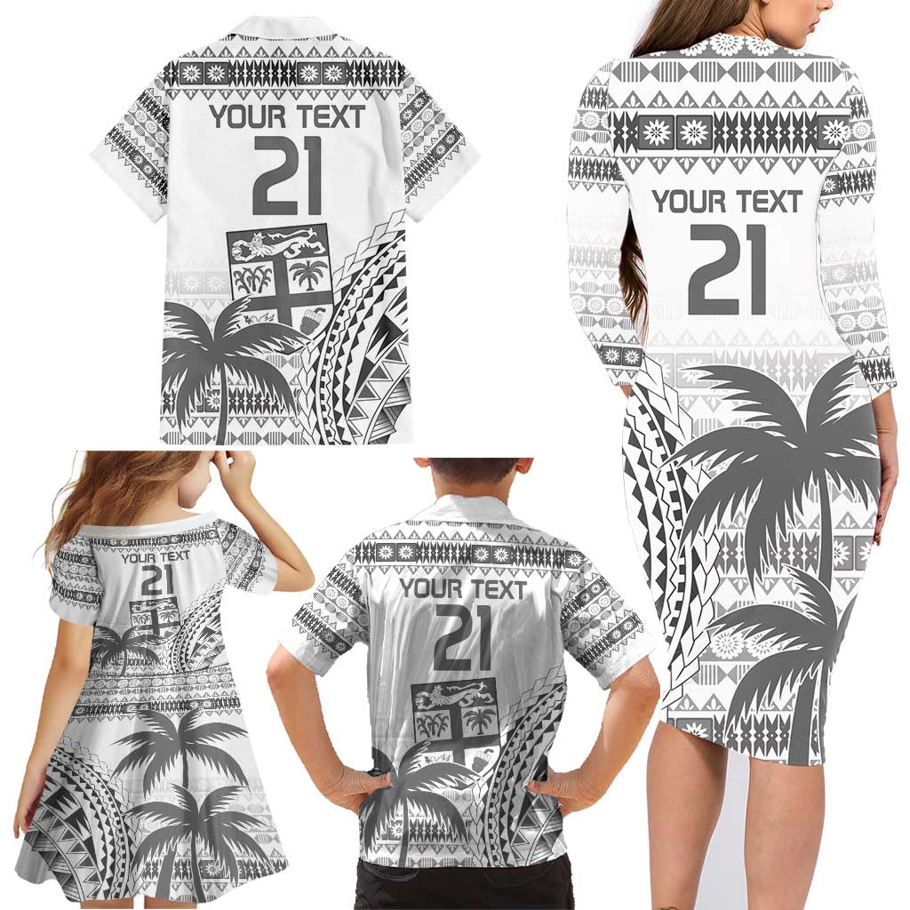 Custom Fiji Rugby Family Matching Long Sleeve Bodycon Dress and Hawaiian Shirt Polynesian Fijian Masi Palm Tree