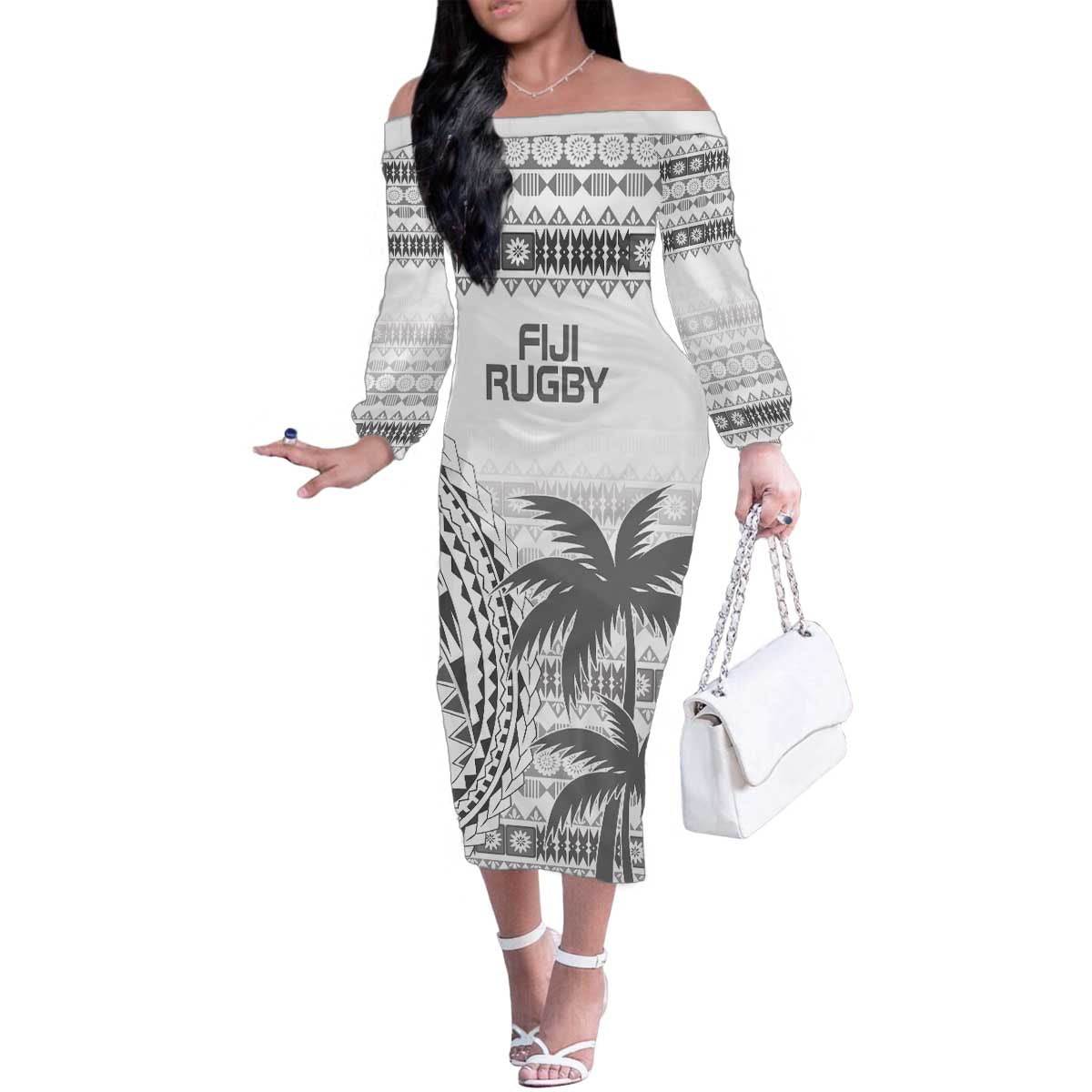 Custom Fiji Rugby Family Matching Off The Shoulder Long Sleeve Dress and Hawaiian Shirt Polynesian Fijian Masi Palm Tree