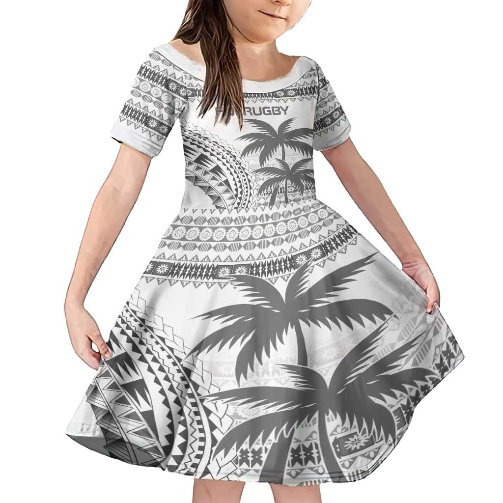 Custom Fiji Rugby Family Matching Off Shoulder Short Dress and Hawaiian Shirt Polynesian Fijian Masi Palm Tree LT9 Daughter's Dress White - Polynesian Pride