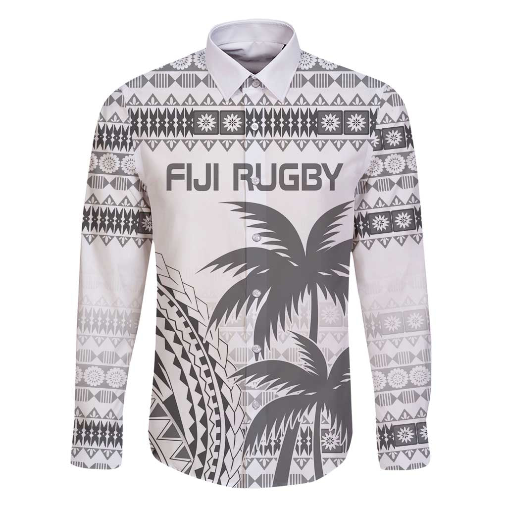 Custom Fiji Rugby Family Matching Off Shoulder Short Dress and Hawaiian Shirt Polynesian Fijian Masi Palm Tree LT9 Dad's Shirt - Long Sleeve White - Polynesian Pride