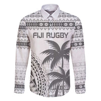Custom Fiji Rugby Family Matching Off Shoulder Short Dress and Hawaiian Shirt Polynesian Fijian Masi Palm Tree LT9 Dad's Shirt - Long Sleeve White - Polynesian Pride