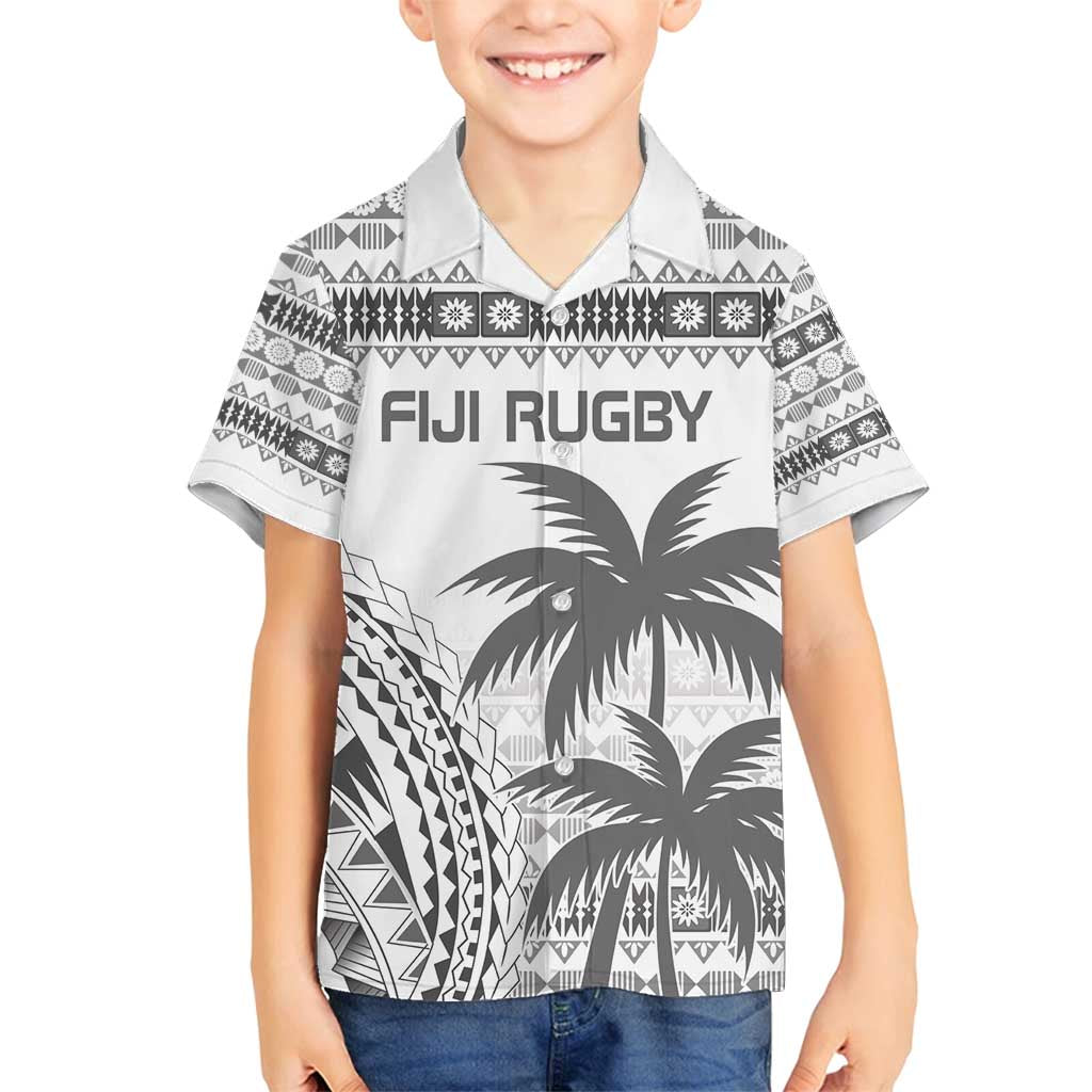 Custom Fiji Rugby Family Matching Off Shoulder Short Dress and Hawaiian Shirt Polynesian Fijian Masi Palm Tree LT9 Son's Shirt White - Polynesian Pride