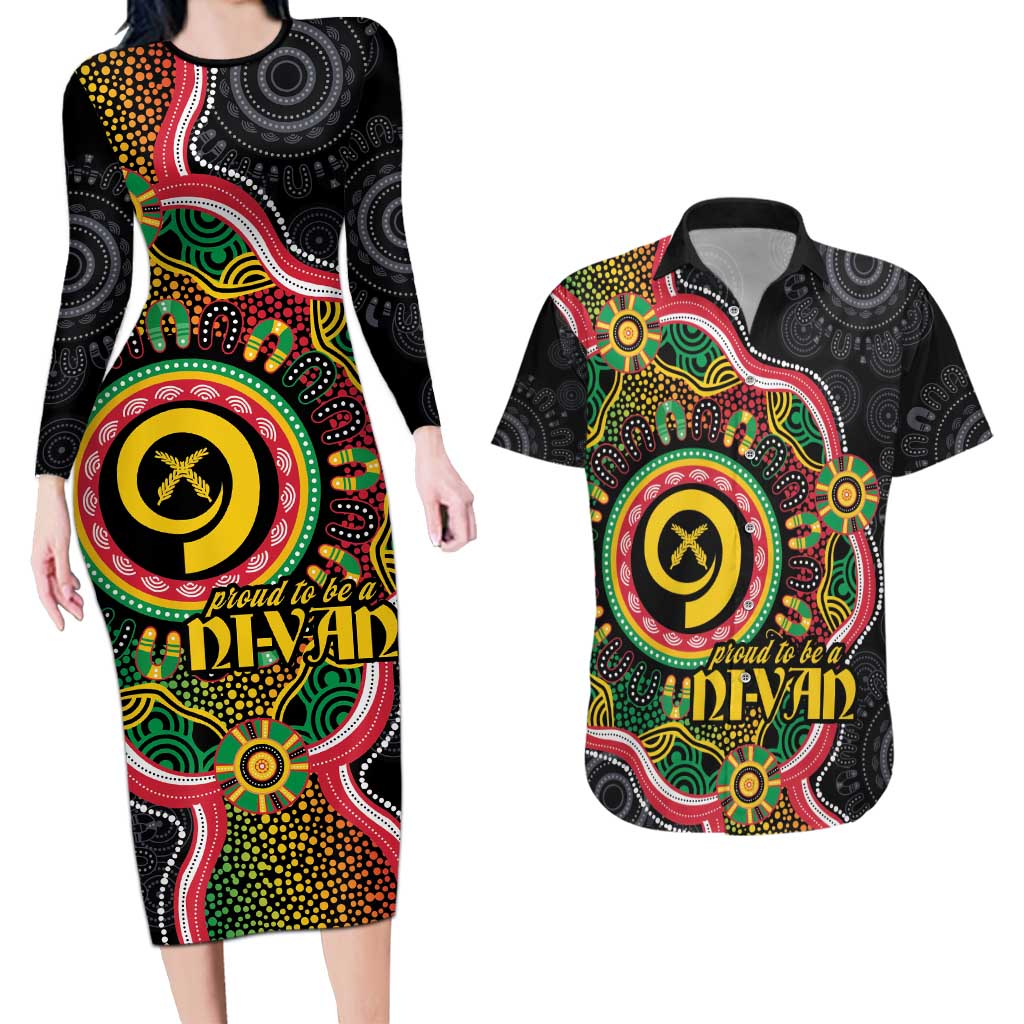 Vanuatu Personalised Couples Matching Long Sleeve Bodycon Dress and Hawaiian Shirt Aboriginal Dot Paitnting - Polynesian Pride