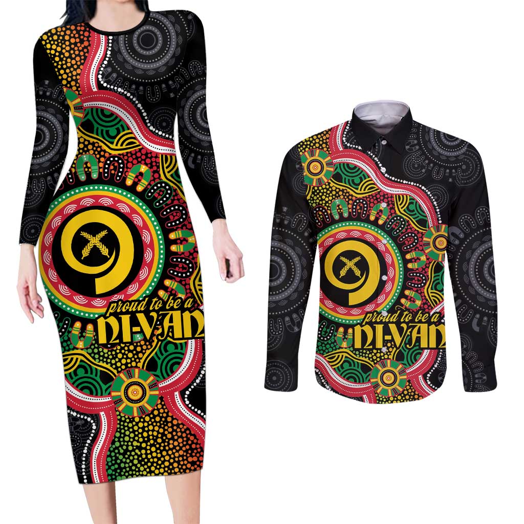 Vanuatu Personalised Couples Matching Long Sleeve Bodycon Dress and Long Sleeve Button Shirt Aboriginal Dot Paitnting - Polynesian Pride