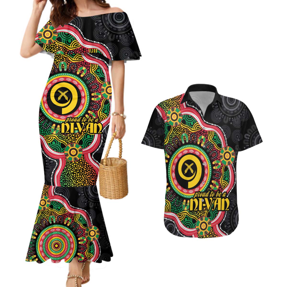 Vanuatu Personalised Couples Matching Mermaid Dress and Hawaiian Shirt Aboriginal Dot Paitnting - Polynesian Pride