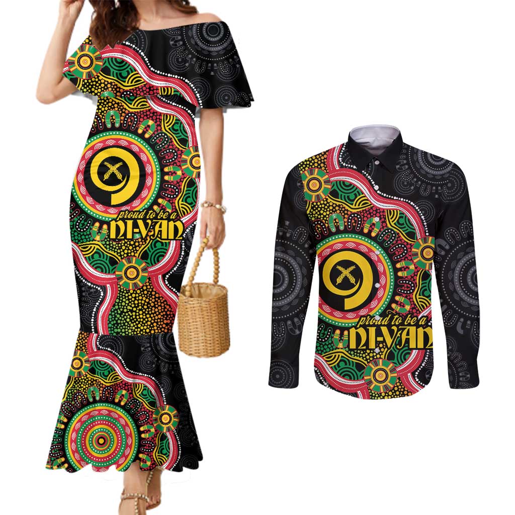 Vanuatu Personalised Couples Matching Mermaid Dress and Long Sleeve Button Shirt Aboriginal Dot Paitnting - Polynesian Pride