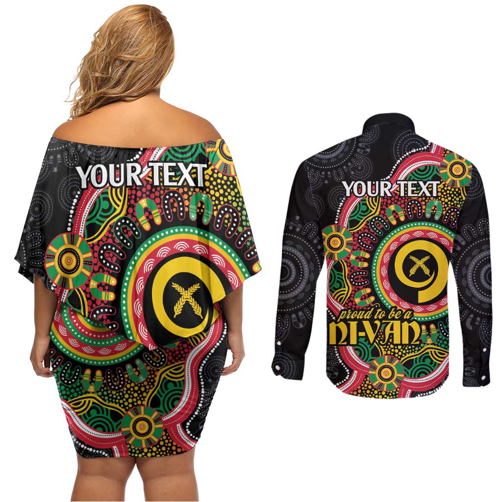 Vanuatu Personalised Couples Matching Off Shoulder Short Dress and Long Sleeve Button Shirt Aboriginal Dot Paitnting - Polynesian Pride