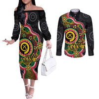 Vanuatu Personalised Couples Matching Off The Shoulder Long Sleeve Dress and Long Sleeve Button Shirt Aboriginal Dot Paitnting - Polynesian Pride