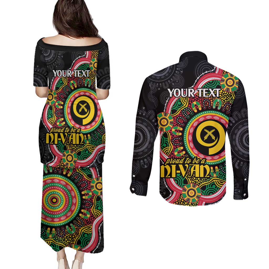 Vanuatu Personalised Couples Matching Puletasi and Long Sleeve Button Shirt Aboriginal Dot Paitnting - Polynesian Pride
