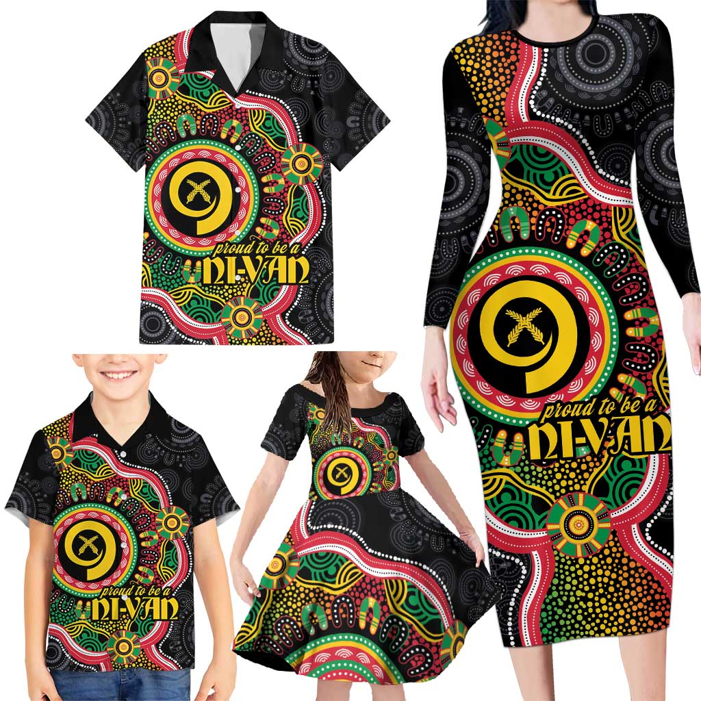 Vanuatu Personalised Family Matching Long Sleeve Bodycon Dress and Hawaiian Shirt Aboriginal Dot Paitnting - Polynesian Pride
