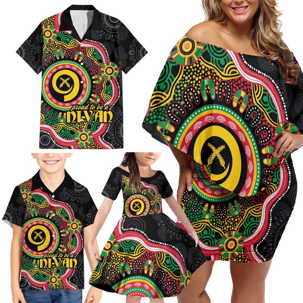 Vanuatu Personalised Family Matching Off Shoulder Short Dress and Hawaiian Shirt Aboriginal Dot Paitnting - Polynesian Pride