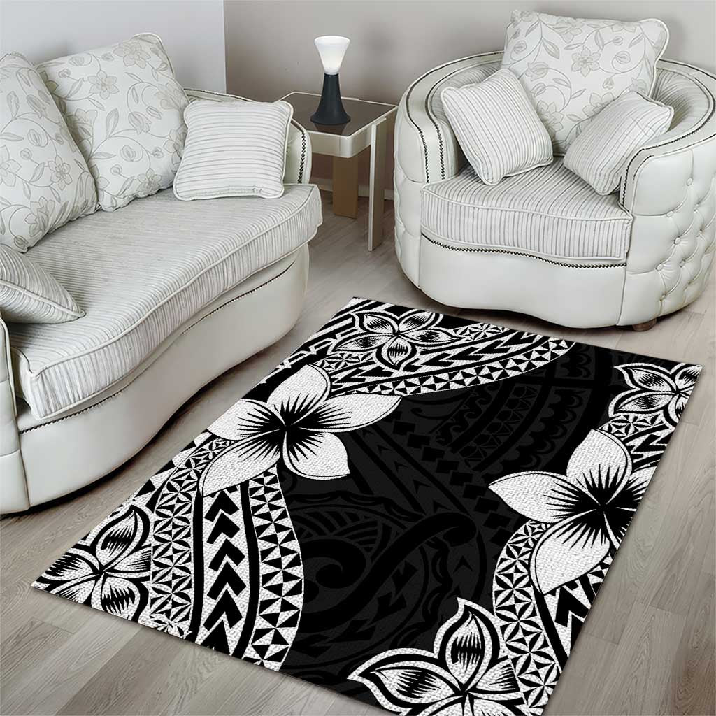 Lotu Tamaiti White Sunday Area Rug Pacific Plumeria Flowers - Black Version