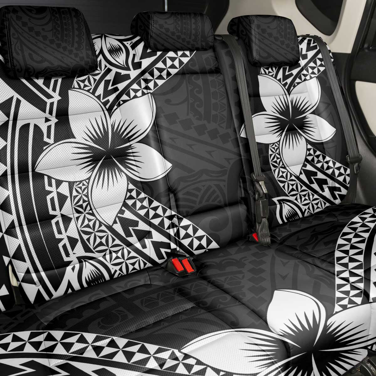 Lotu Tamaiti White Sunday Back Car Seat Cover Pacific Plumeria Flowers - Black Version