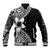 Lotu Tamaiti White Sunday Baseball Jacket Pacific Plumeria Flowers - Black Version
