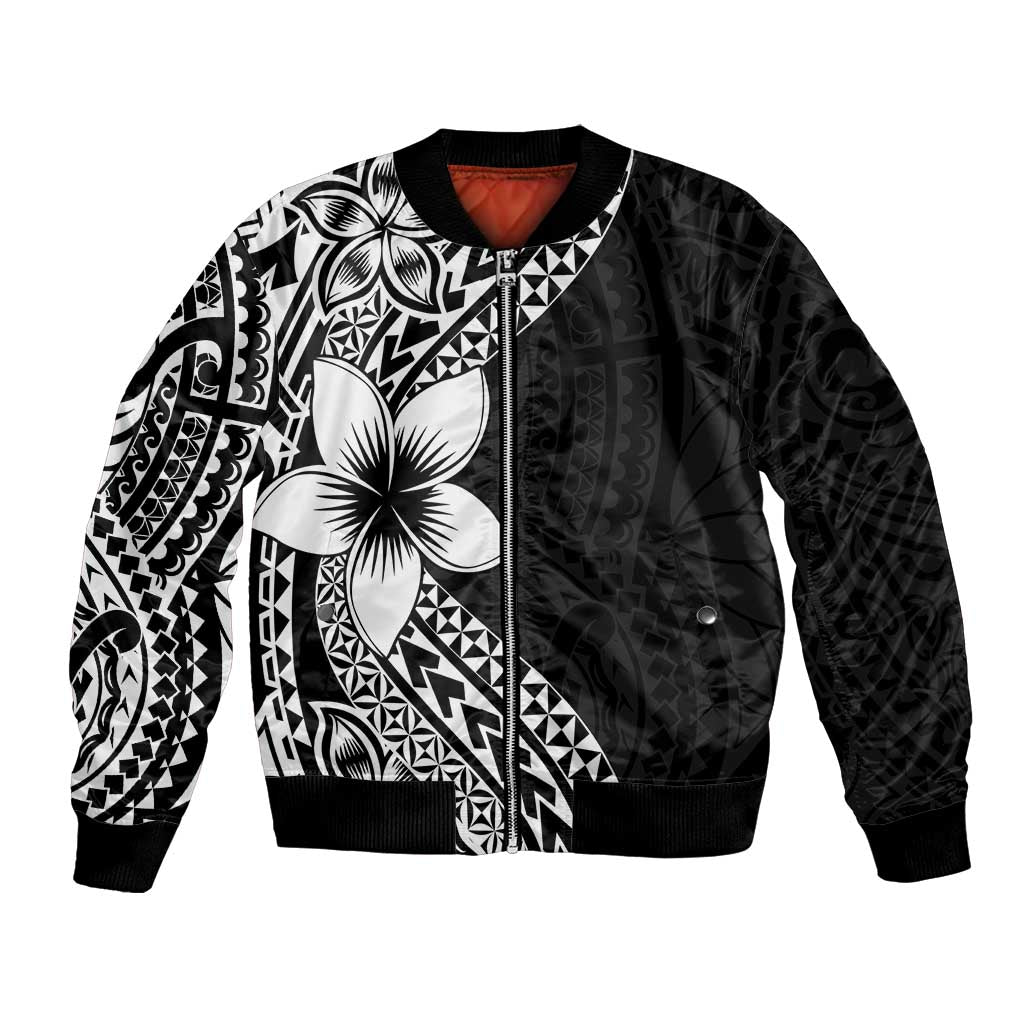 Lotu Tamaiti White Sunday Bomber Jacket Pacific Plumeria Flowers - Black Version LT9 Unisex Black - Polynesian Pride