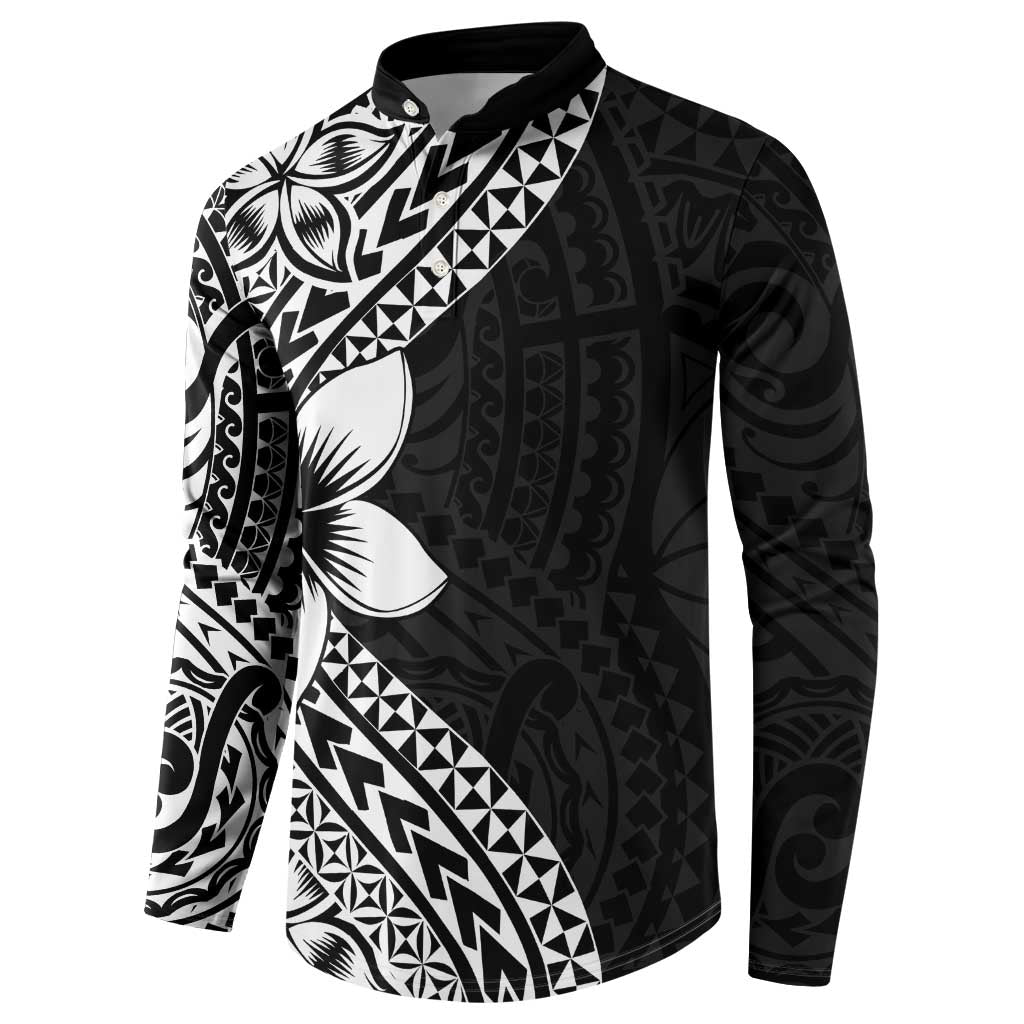 Lotu Tamaiti White Sunday Button Sweatshirt Pacific Plumeria Flowers - Black Version