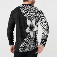 Lotu Tamaiti White Sunday Button Sweatshirt Pacific Plumeria Flowers - Black Version