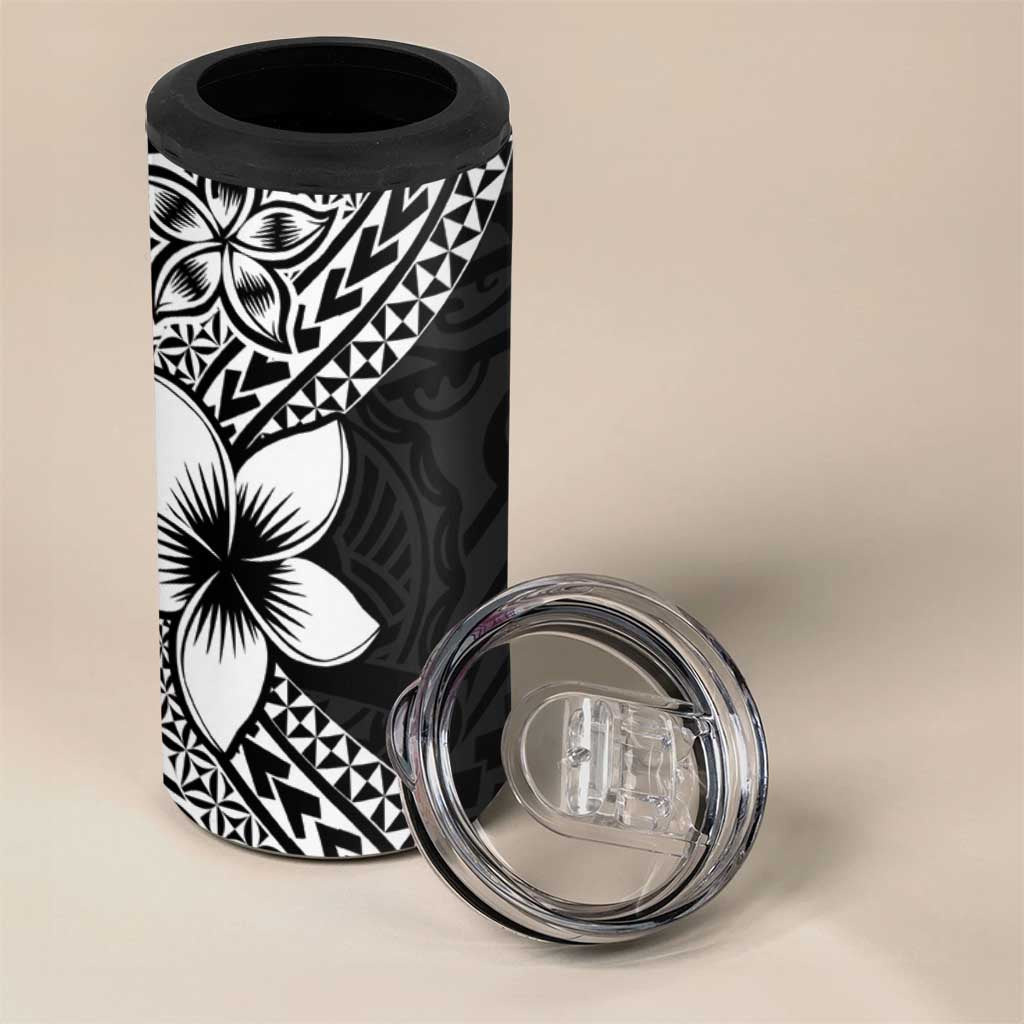 Lotu Tamaiti White Sunday 4 in 1 Can Cooler Tumbler Pacific Plumeria Flowers - Black Version