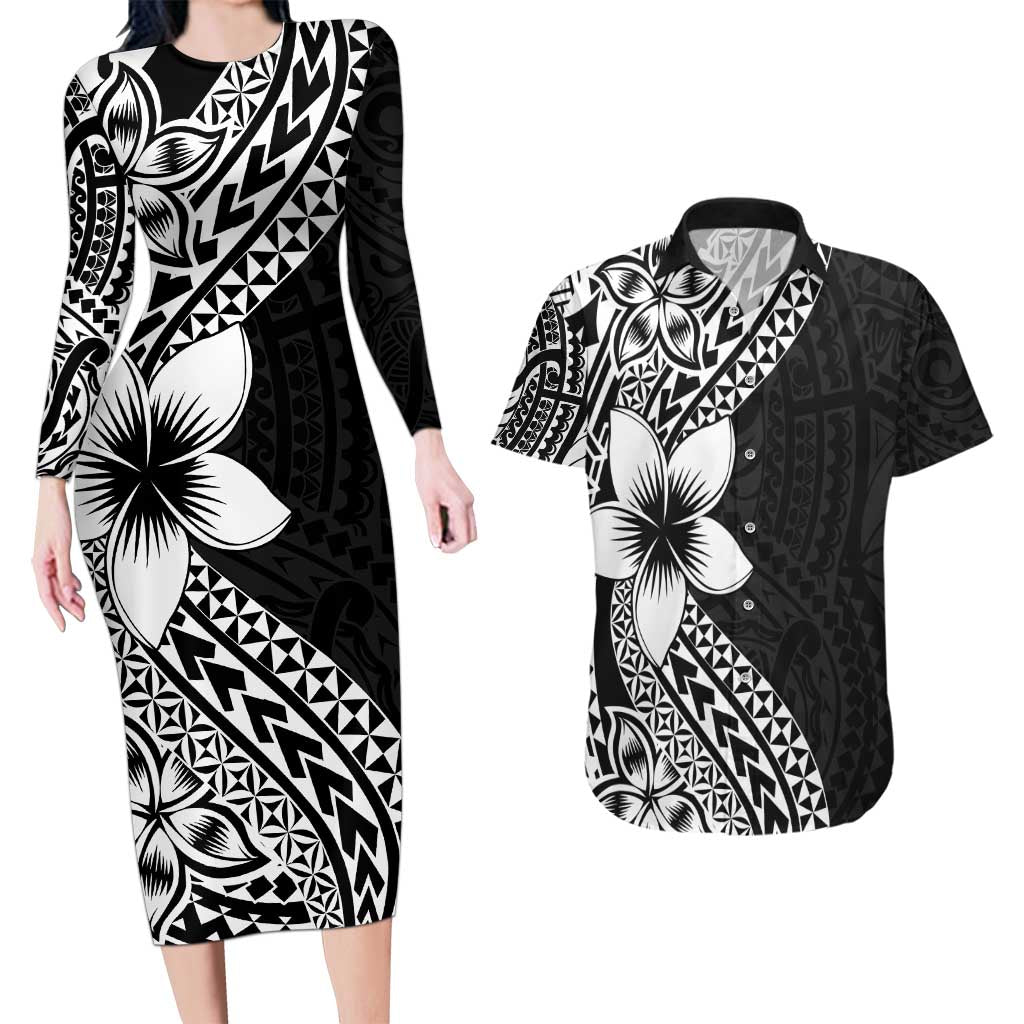 Lotu Tamaiti White Sunday Couples Matching Long Sleeve Bodycon Dress and Hawaiian Shirt Pacific Plumeria Flowers - Black Version LT9 Black - Polynesian Pride