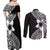 Lotu Tamaiti White Sunday Couples Matching Off Shoulder Maxi Dress and Long Sleeve Button Shirt Pacific Plumeria Flowers - Black Version