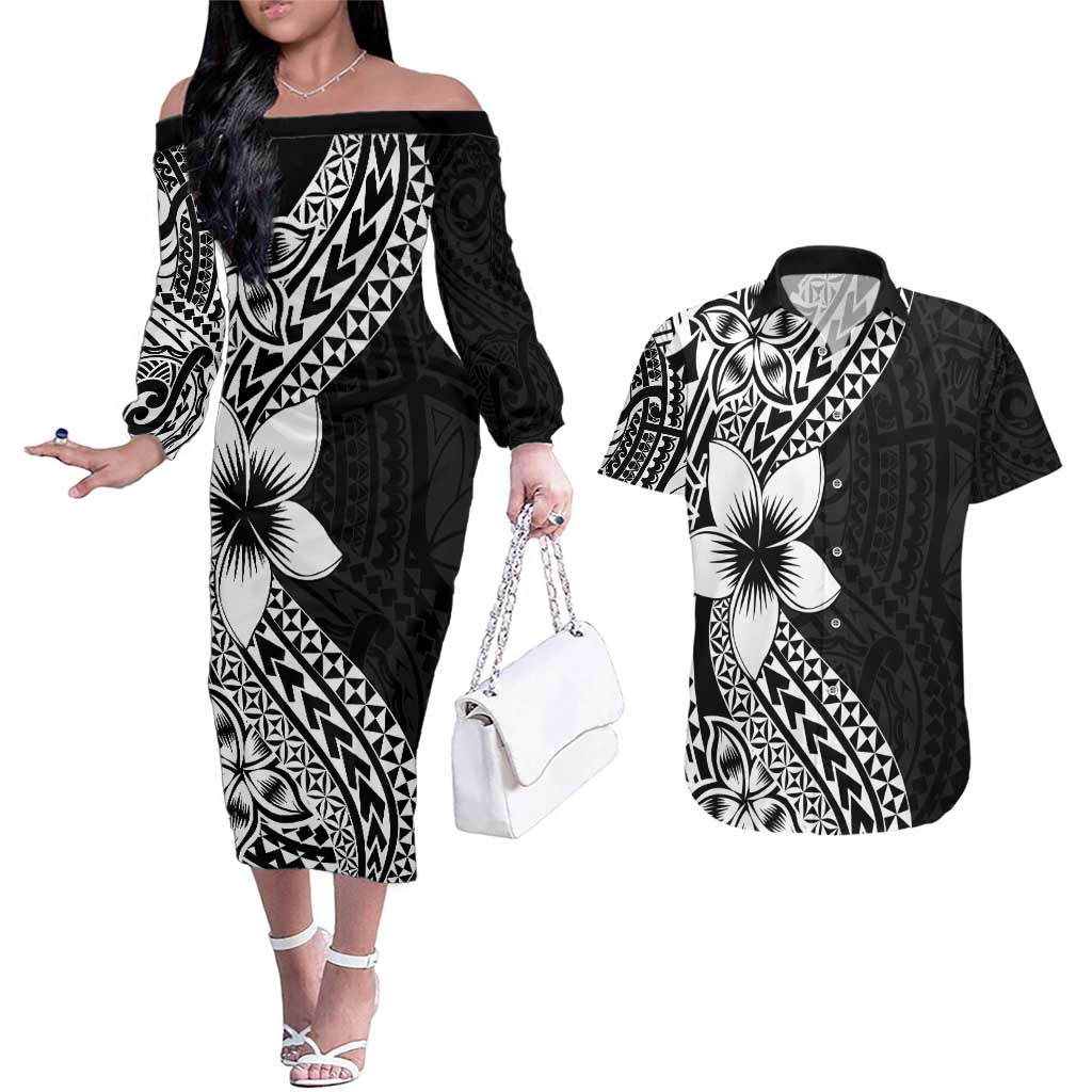 Lotu Tamaiti White Sunday Couples Matching Off The Shoulder Long Sleeve Dress and Hawaiian Shirt Pacific Plumeria Flowers - Black Version