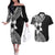 Lotu Tamaiti White Sunday Couples Matching Off The Shoulder Long Sleeve Dress and Hawaiian Shirt Pacific Plumeria Flowers - Black Version