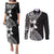 Lotu Tamaiti White Sunday Couples Matching Puletasi and Long Sleeve Button Shirt Pacific Plumeria Flowers - Black Version