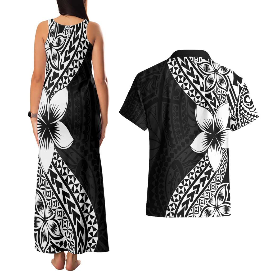 Lotu Tamaiti White Sunday Couples Matching Tank Maxi Dress and Hawaiian Shirt Pacific Plumeria Flowers - Black Version