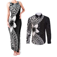 Lotu Tamaiti White Sunday Couples Matching Tank Maxi Dress and Long Sleeve Button Shirt Pacific Plumeria Flowers - Black Version