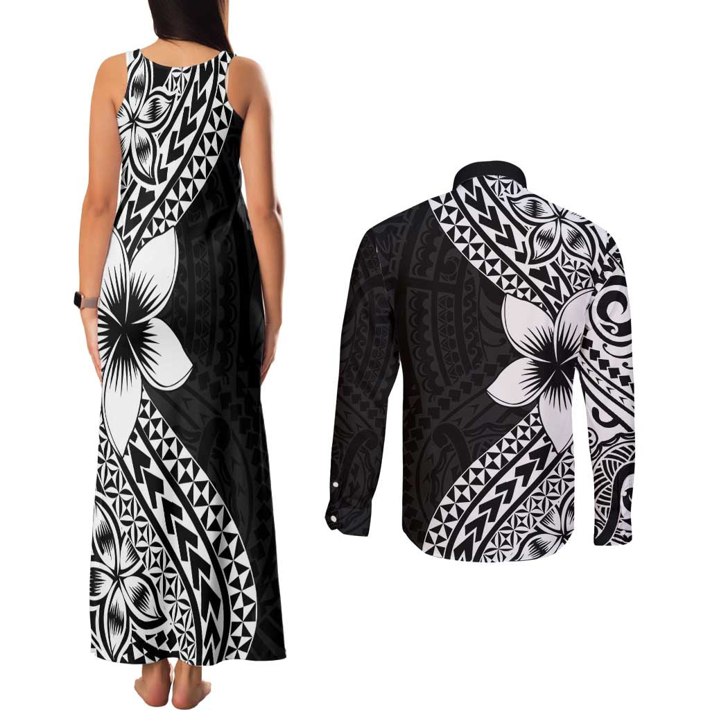 Lotu Tamaiti White Sunday Couples Matching Tank Maxi Dress and Long Sleeve Button Shirt Pacific Plumeria Flowers - Black Version