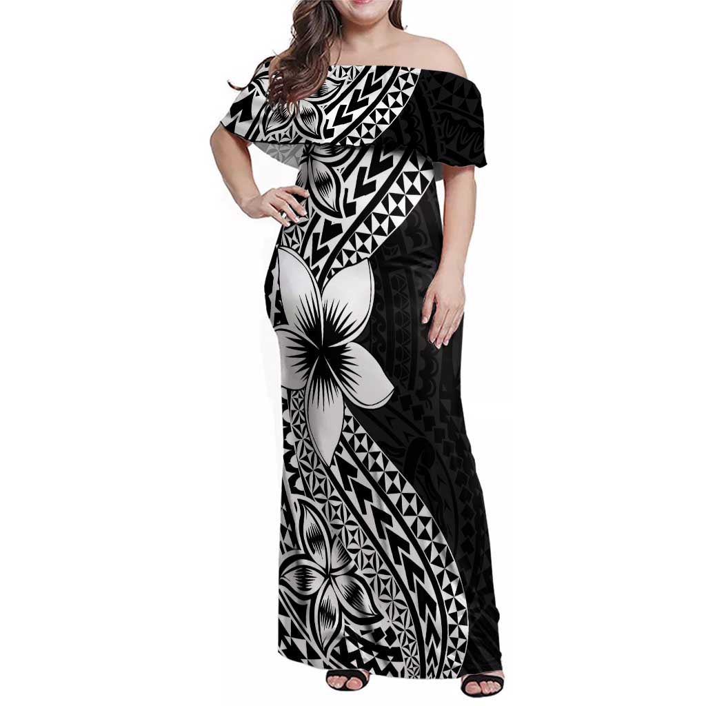 Lotu Tamaiti White Sunday Family Matching Off Shoulder Maxi Dress and Hawaiian Shirt Pacific Plumeria Flowers - Black Version