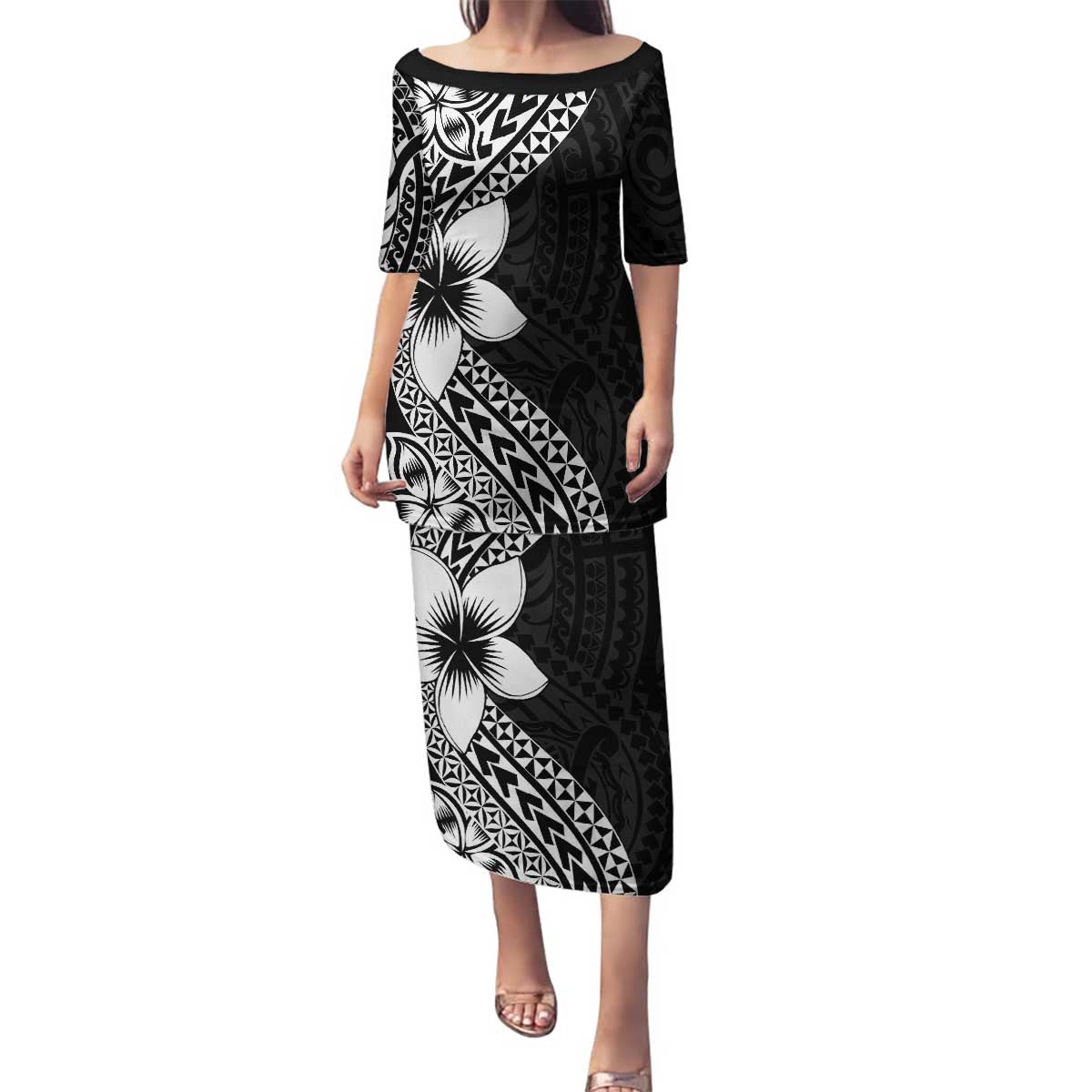 Lotu Tamaiti White Sunday Family Matching Puletasi and Hawaiian Shirt Pacific Plumeria Flowers - Black Version