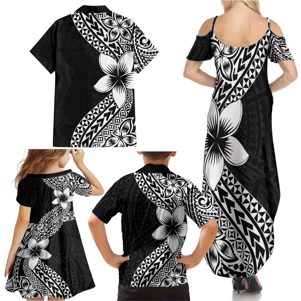 Lotu Tamaiti White Sunday Family Matching Summer Maxi Dress and Hawaiian Shirt Pacific Plumeria Flowers - Black Version
