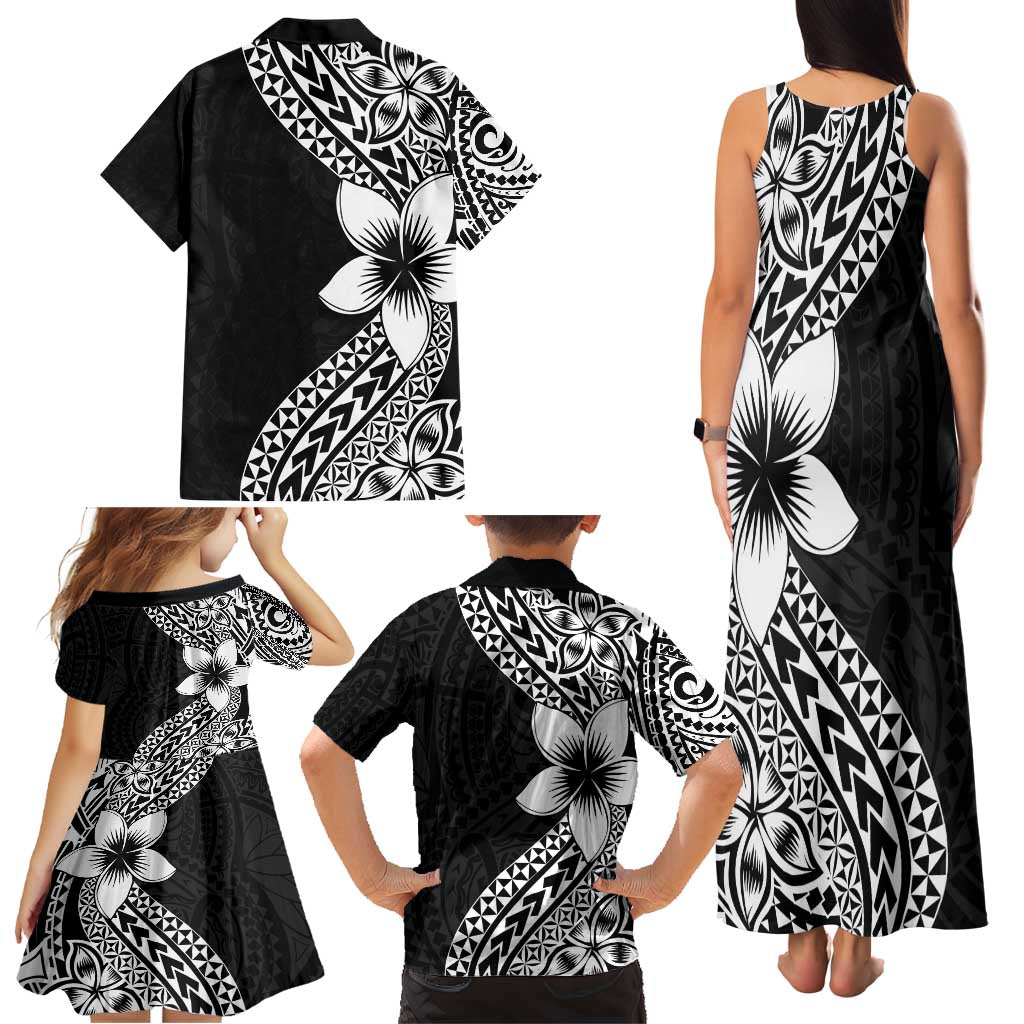 Lotu Tamaiti White Sunday Family Matching Tank Maxi Dress and Hawaiian Shirt Pacific Plumeria Flowers - Black Version