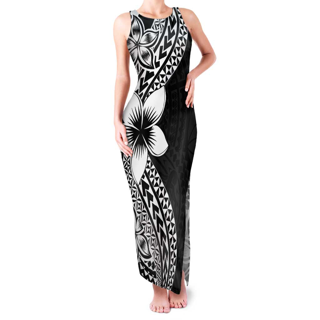 Lotu Tamaiti White Sunday Family Matching Tank Maxi Dress and Hawaiian Shirt Pacific Plumeria Flowers - Black Version