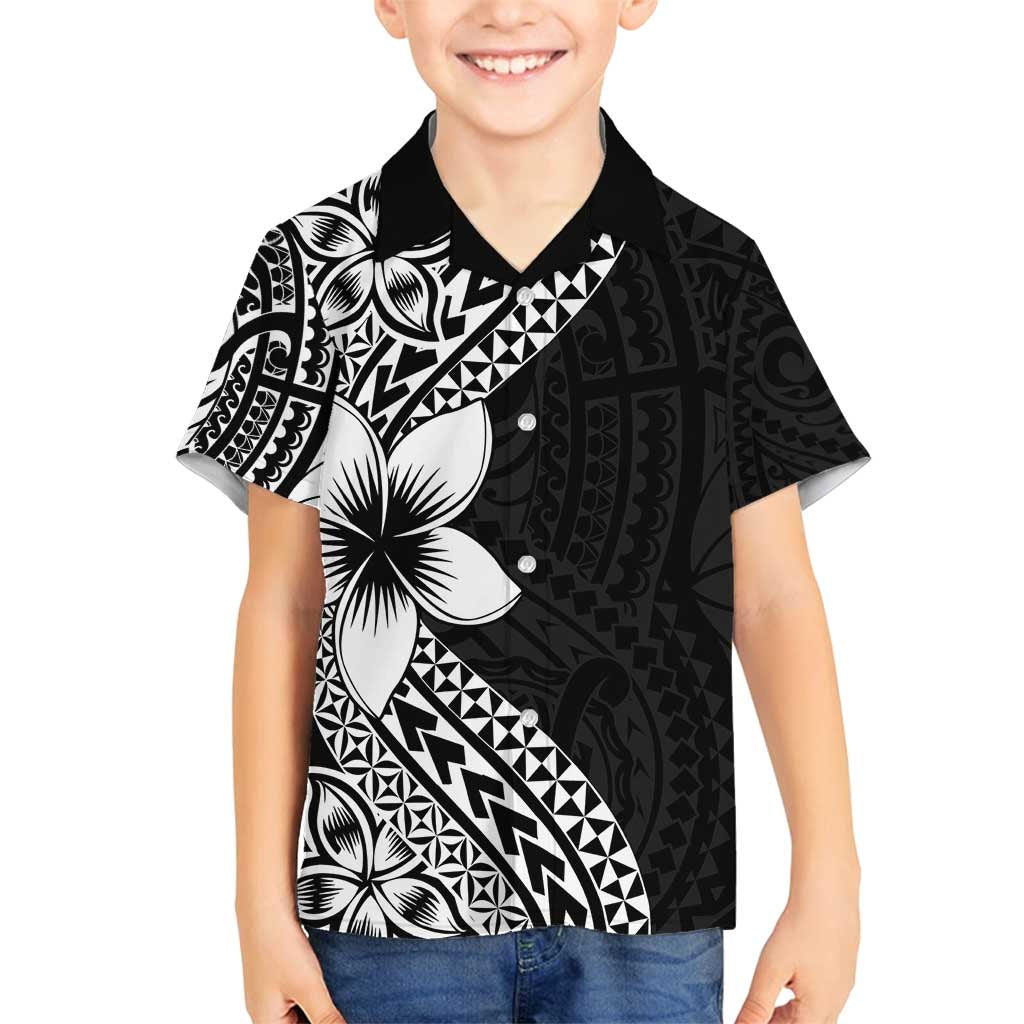 Lotu Tamaiti White Sunday Family Matching Tank Maxi Dress and Hawaiian Shirt Pacific Plumeria Flowers - Black Version