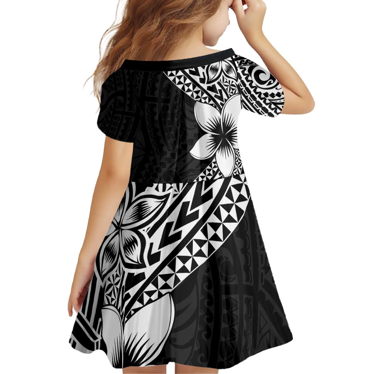 Lotu Tamaiti White Sunday Kid Short Sleeve Dress Pacific Plumeria Flowers - Black Version