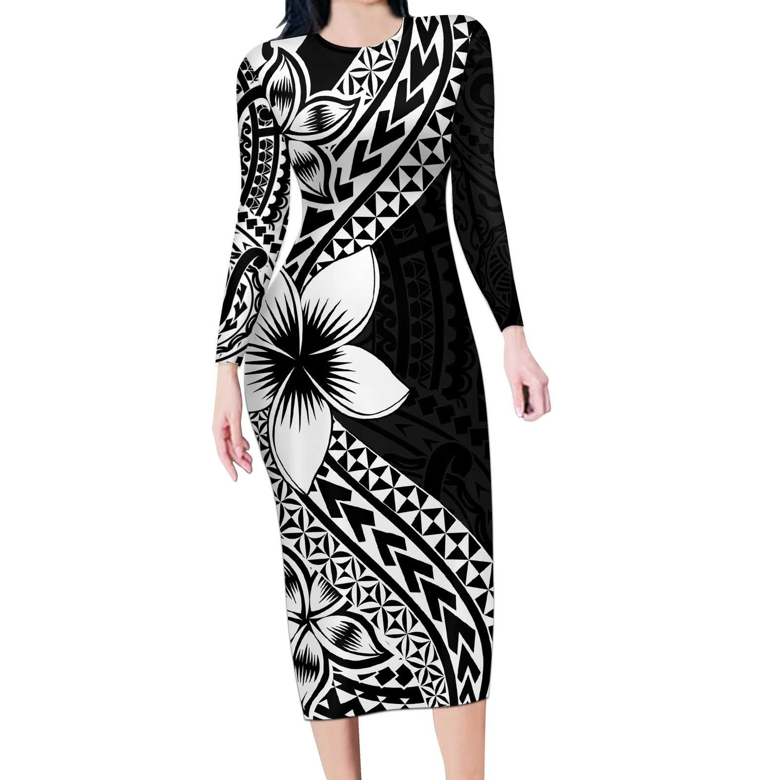 Lotu Tamaiti White Sunday Long Sleeve Bodycon Dress Pacific Plumeria Flowers - Black Version LT9 Long Dress Black - Polynesian Pride